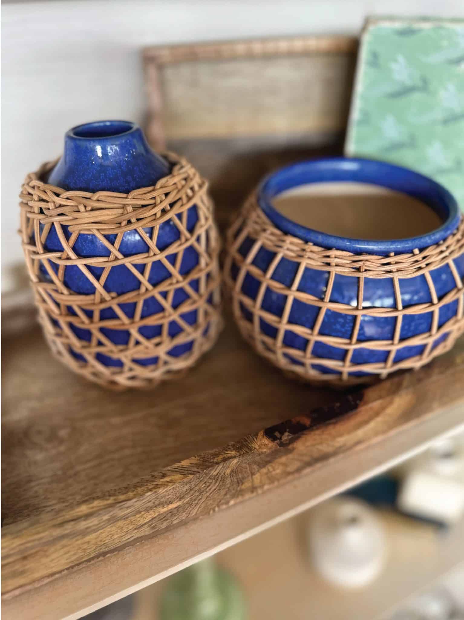 Top view of the Rattan Wrapped Indigo Planter and Vase