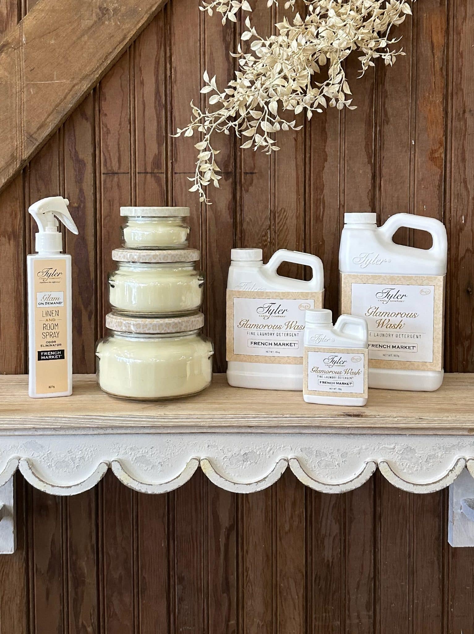 Tyler Glamorous Wash, Candles and Room Spray in the scent French Market in four sizes – luxury laundry detergent, candles and room spray with fresh floral notes.