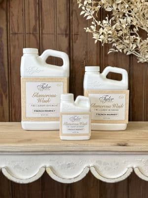 Tyler Glamorous Wash French Market in four sizes – luxury laundry detergent with fresh floral notes, safe for HE and standard machines.