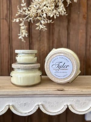 Tyler candle company in the scent French Market. Showing lid. Offered in three sizes. Best Candles!