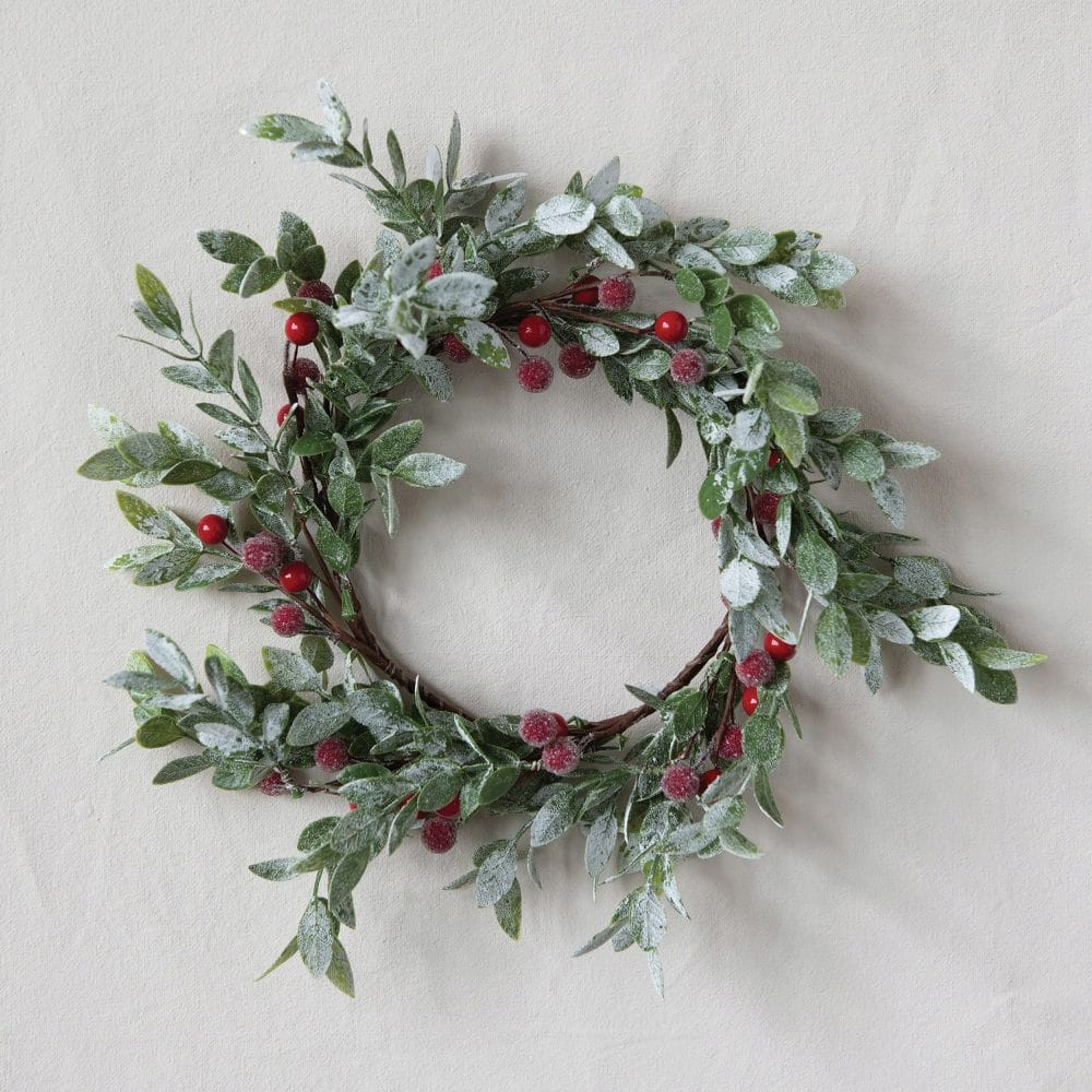 Be Made Hays, KS. Frosted Faux Leaves and Red Berries 16" Pick or 12" Wreath Christmas