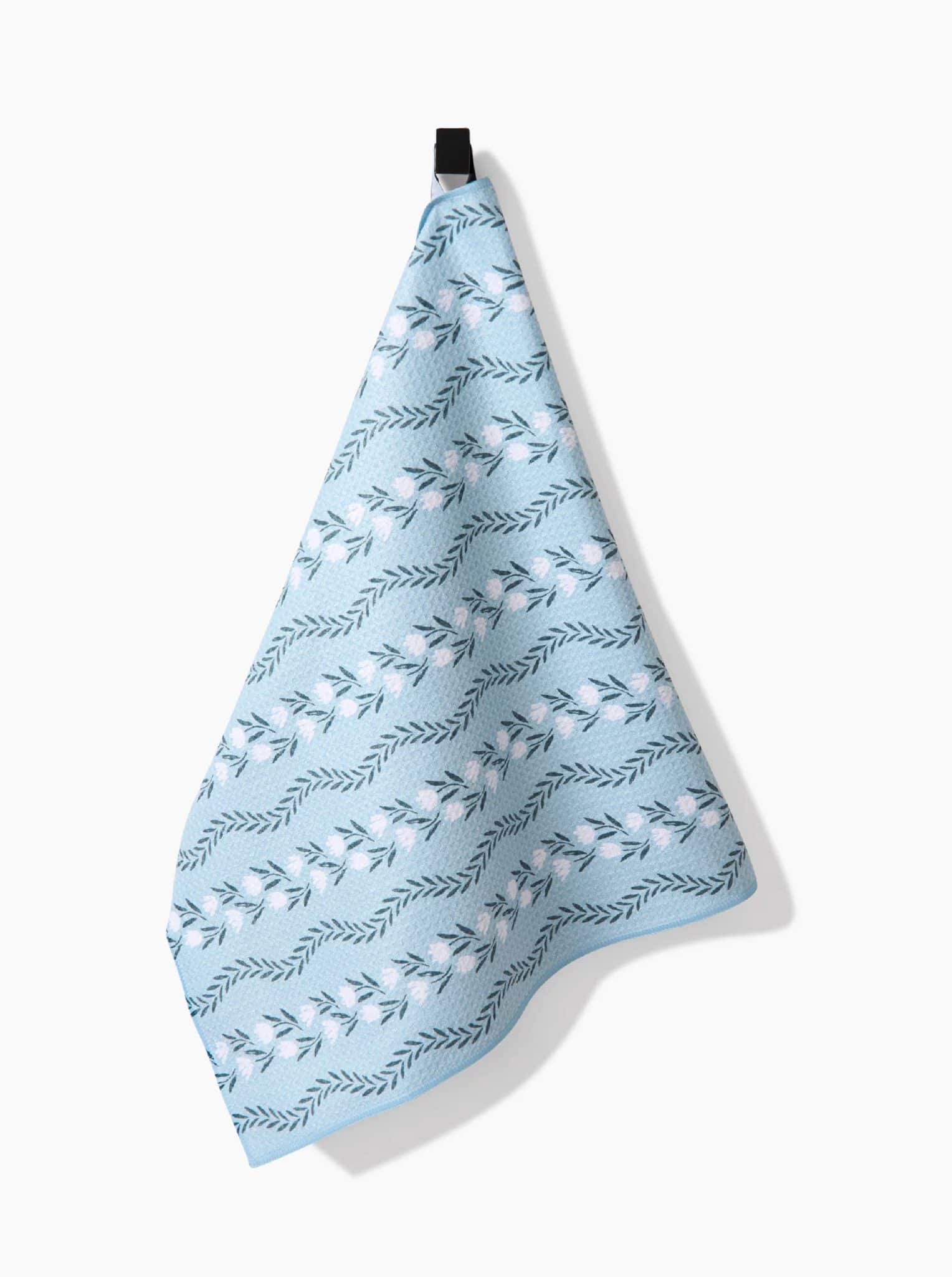 Blue Floral Stripes Tea Towel hanging