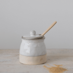 Be Made Hays, KS. 3-1/2" Round x 4-1/4"H Stoneware Sugar Pot w/ Lid & Wood Spoon, Reactive Glaze, White, Set of 2 (Each One Will Vary)