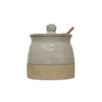 Be Made Hays, KS. 3-1/2" Round x 4-1/4"H Stoneware Sugar Pot w/ Lid & Wood Spoon, Reactive Glaze, White, Set of 2 (Each One Will Vary)