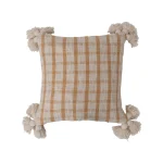 Be Made Hays, KS 18" Square Woven Cotton Slub Plaid Pillow w/ Tassels, Mustard & Cream