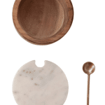 Be Made Hays, KS. 5-1/2" Round x 3-1/2"H Marble & Acacia Wood Bowl w/ Lid & Brass Spoon, Set of 2, 2 Styles