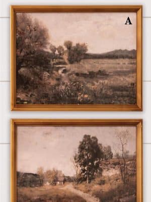 Vintage river landscape art framed in antique gold with soft neutral tones and a painterly finish, perfect for shelves or gallery walls.