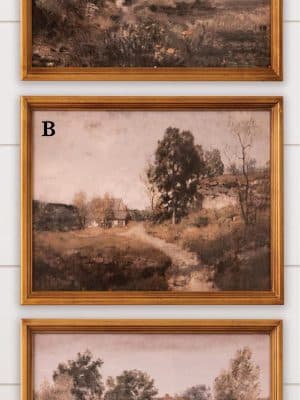 Vintage barn landscape art framed in antique gold with soft neutral tones and a painterly finish, perfect for shelves or gallery walls.