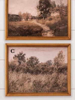 Vintage landscape art framed in antique gold with soft neutral tones and a painterly finish, perfect for shelves or gallery walls.