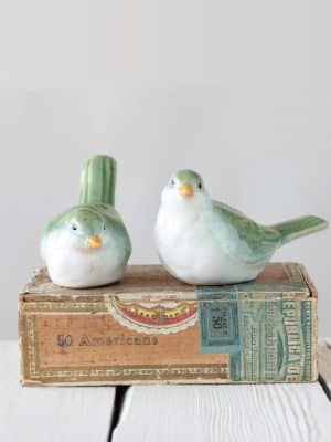 A green stoneware bird figurine. Charming and great spring and summer addition to your cottage decor.