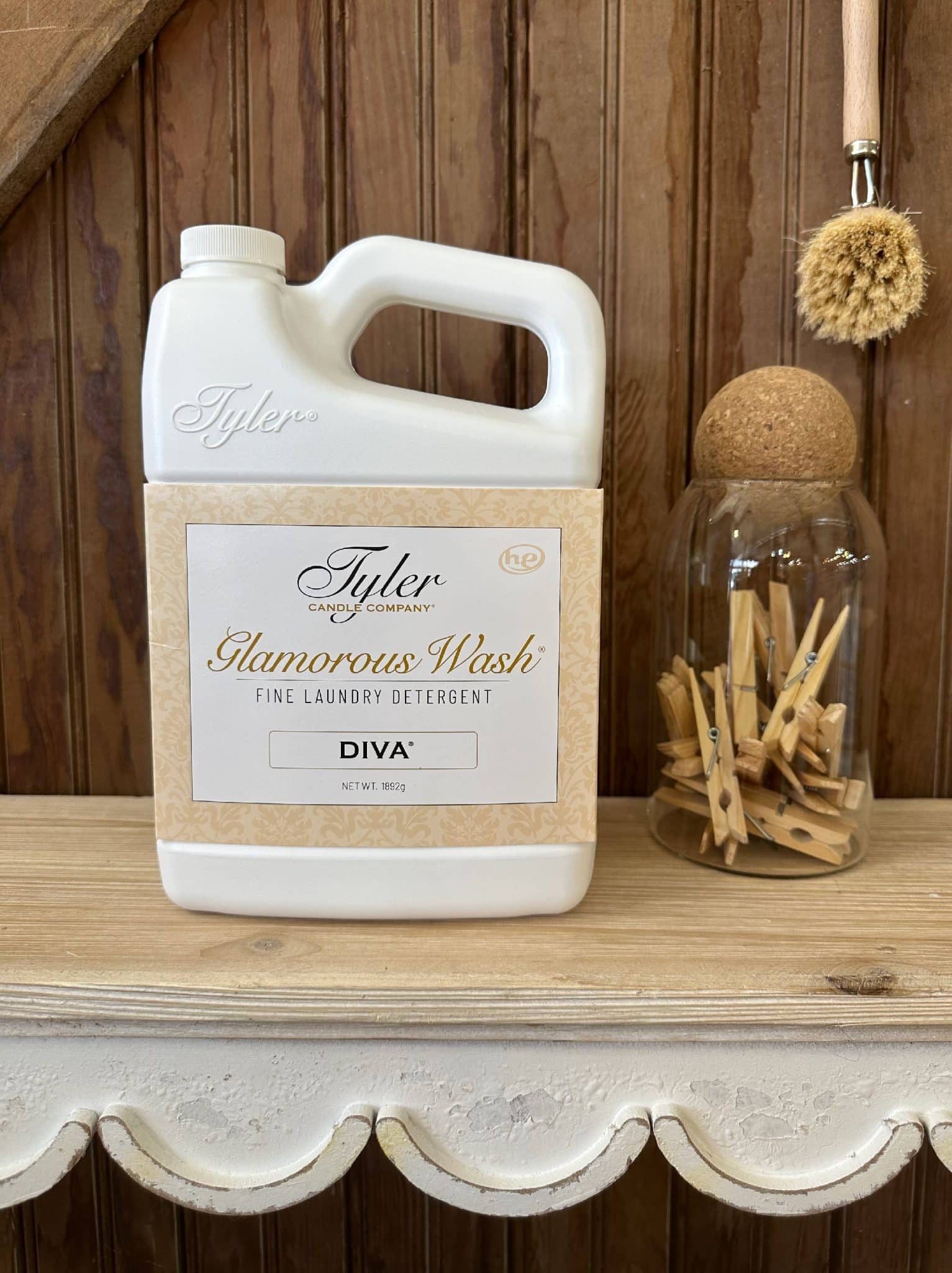 Tyler Glamorous Wash Diva 64 oz. – luxury laundry detergent with fruity, floral, amber, and chocolate scent, safe for HE and standard machines.