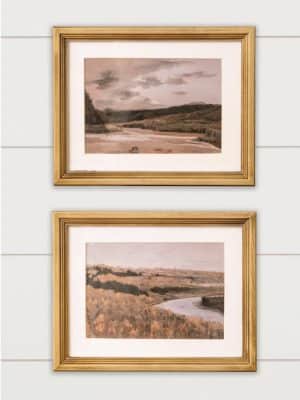 Vintage-Inspired Landscape Framed Art of River or Valley Scenes displayed together on a wall. Features a matte border, antique gold frame, and neutral tones, perfect for cottage and farmhouse decor.